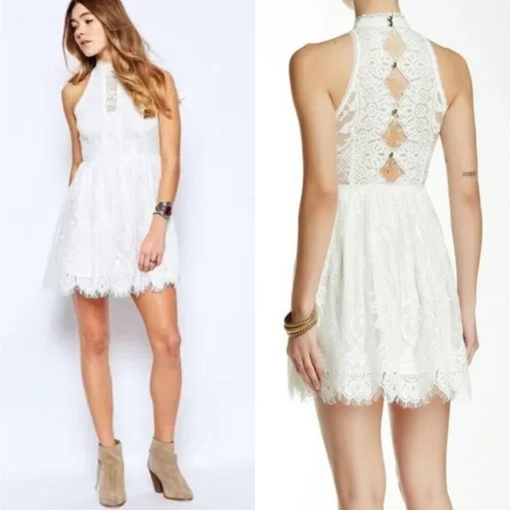 Free People Verushka White Eyelash Lace Mini Dress Womens Size 2 Boho Fairy Y2K